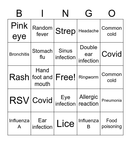 Sickness Bingo Card