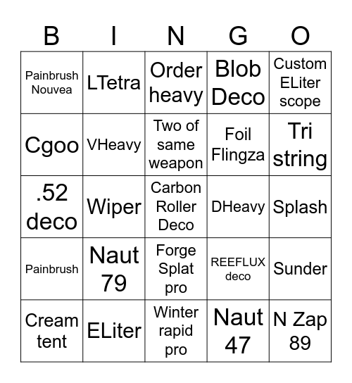 Splatoon 3 weapons Bingo Card