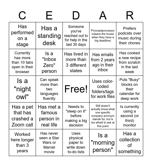 Get to Know You Bingo Card