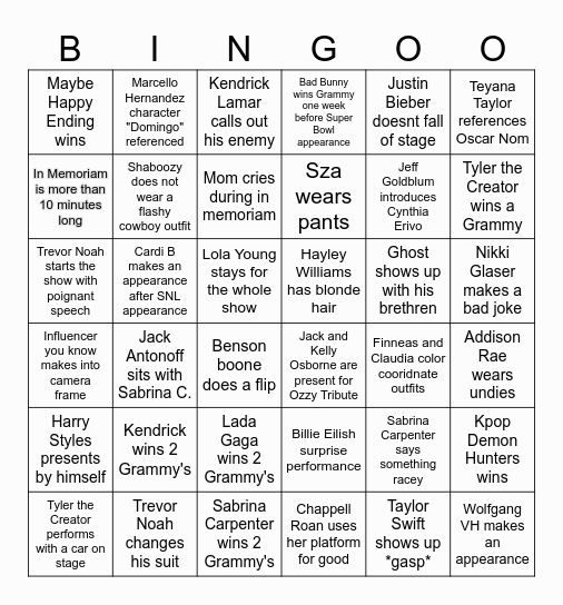 2026 GRAMMY'S BINGO Card