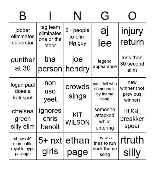 Royal Rumble BINGO Card