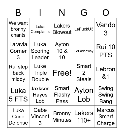 LAKERS V WIZARDS BINGO Card