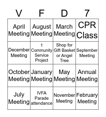 SMVFD Ladies Auxiliary Bingo Card