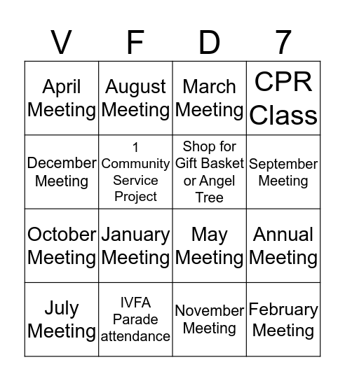 SMVFD Ladies Auxiliary Bingo Card