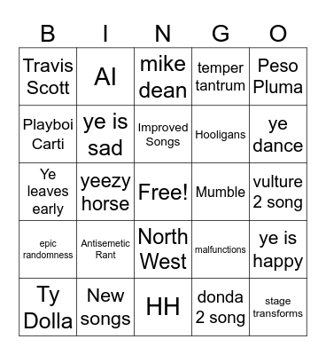 yeezy show Bingo Card