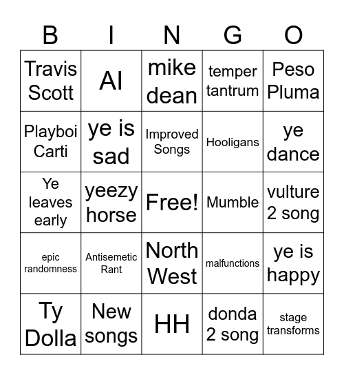 yeezy show Bingo Card