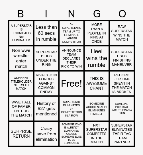 ROYAL RUMBLE 2026 Bingo Card