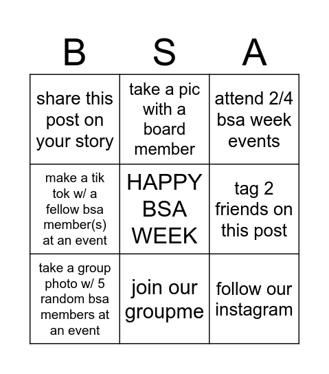 BSA WEEK Bingo Card