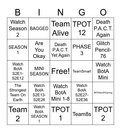 Favourite TPOT Team Bingo Card