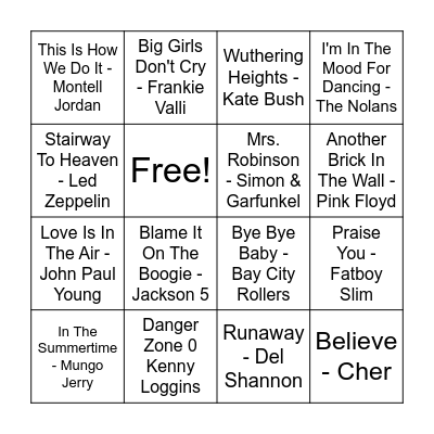 Rock and Roll Bingo Game 3 Bingo Card