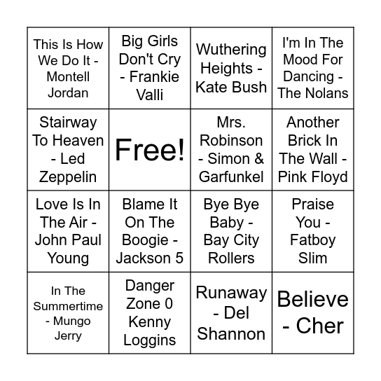 Rock and Roll Bingo Game 3 Bingo Card