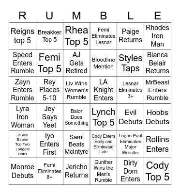 Royal Rumble Bingo Card