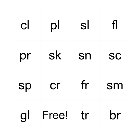 Beginning Blends Bingo Card