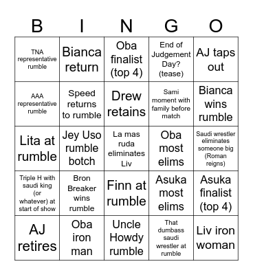 Royal Rumble 2026 Bingo Card