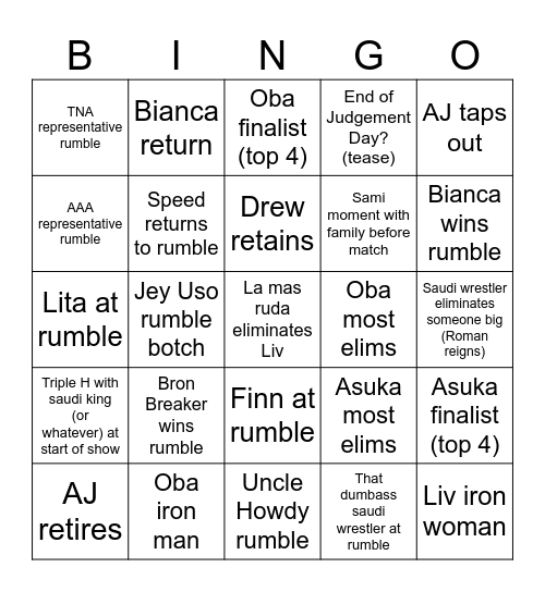 Royal Rumble 2026 Bingo Card