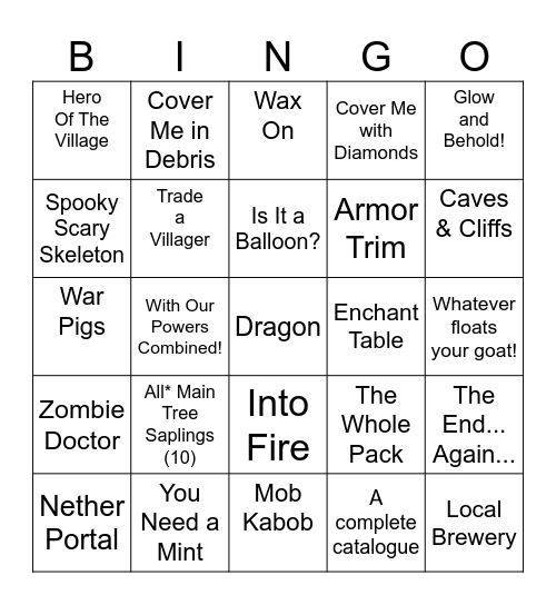 Minecraft Bingo Card