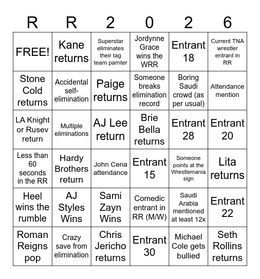 Royal Rumble 2026 Bingo Card