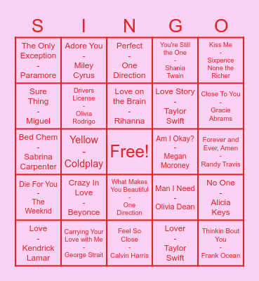 Love Songs Bingo Card