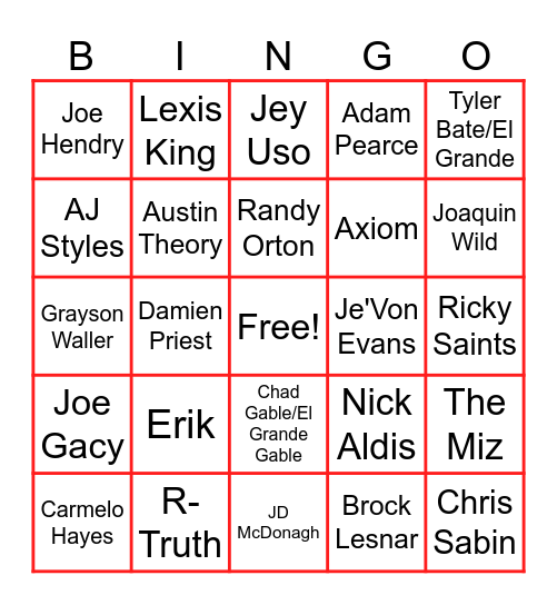 Men's Rumble Bingo Card