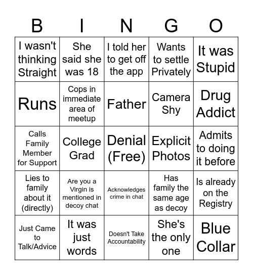 Pedo Hunt BINGO Card