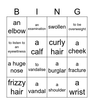 U3 vocabulary Bingo Card