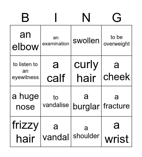 U3 vocabulary Bingo Card