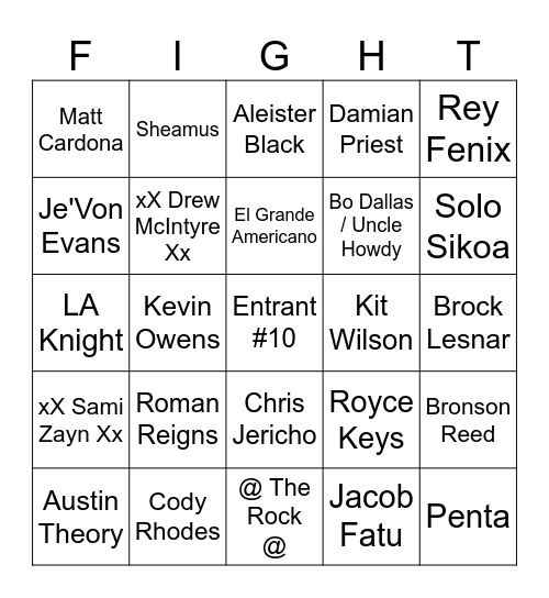 Royal Rumble 2026 Men Bingo Card