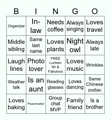 Lurleen’s 60th Birthday Bingo Card
