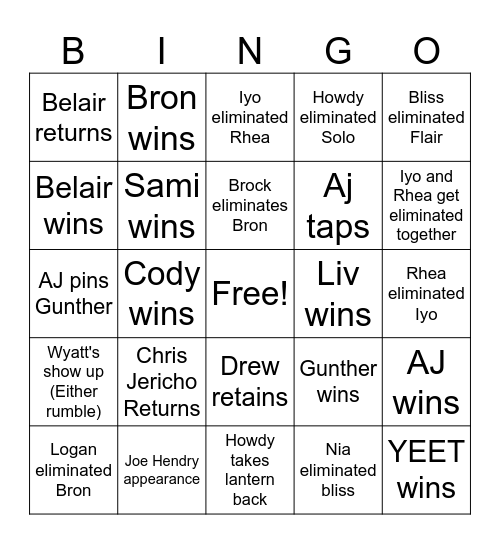 Royal Rumble Bingo Card