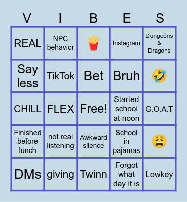 That’s So Teen Vibes Bingo Card