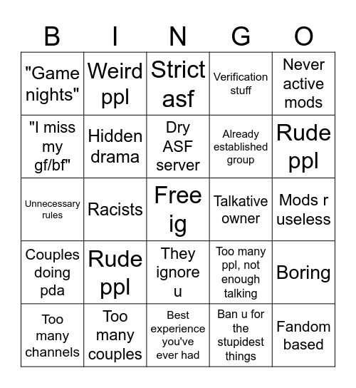 New discord server bingo Card