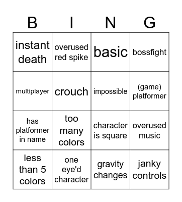 Scratch Platformer Bingo Card