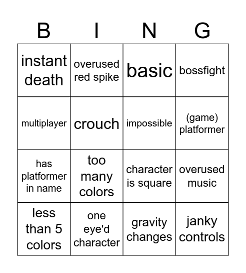 Scratch Platformer Bingo Card