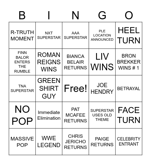Royal Rumble 2026 Bingo Card