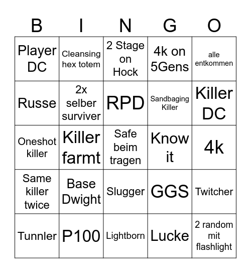 Dead by Daylight Bingo Card