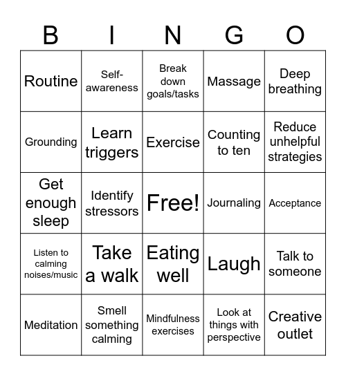 Anxiety Coping Strategies Bingo Card