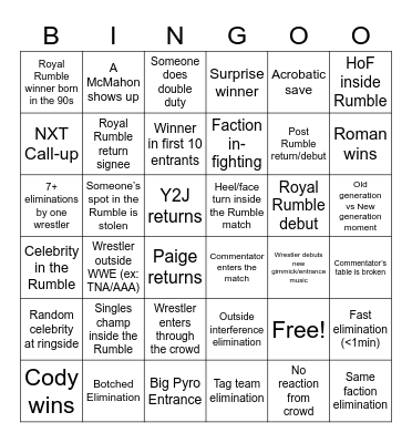 Royal Rumble Bingo Card