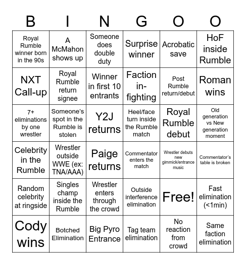 Royal Rumble Bingo Card