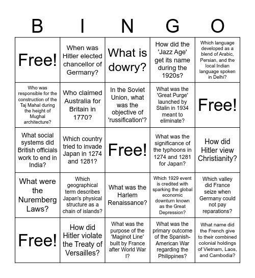 World History Bingo Card