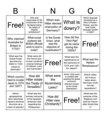 World History Bingo Card