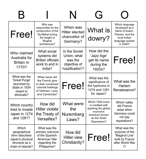 World History Bingo Card