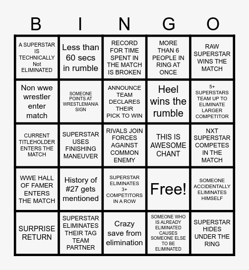 ROYAL RUMBLE 2026 Bingo Card