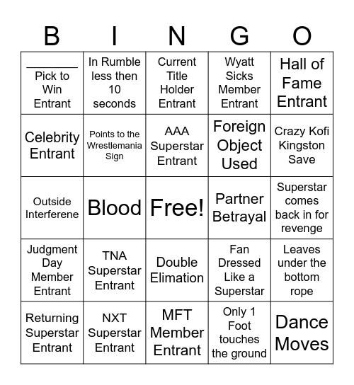 Royal Rumble 2026 Bingo Card
