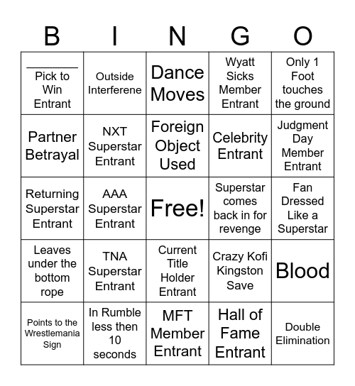 Royal Rumble 2026 Bingo Card
