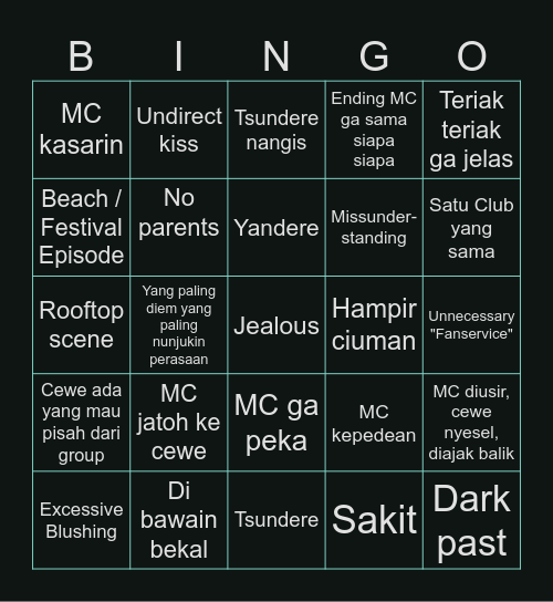 Typical Cringe Romcom Harem Anime Bingo Card