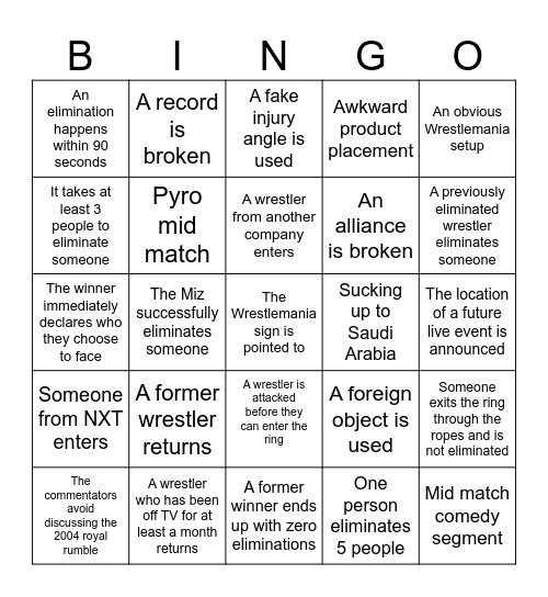 Royal Rumble Bingo Card