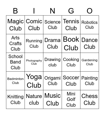 School subjects and School Clubs Bingo Card
