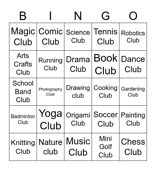 School subjects and School Clubs Bingo Card