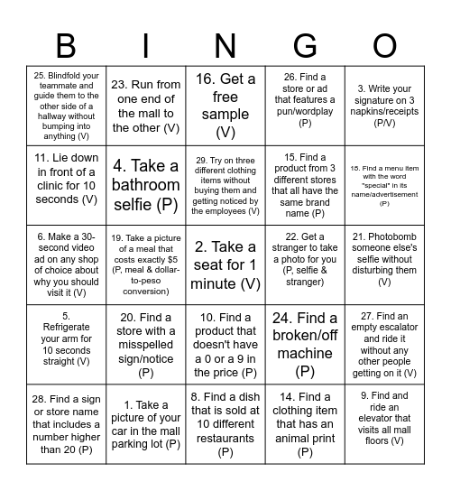 Mall Blackout Bingo Card