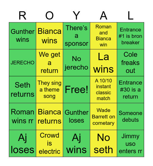 Wwe Royal rumble Bingo Card